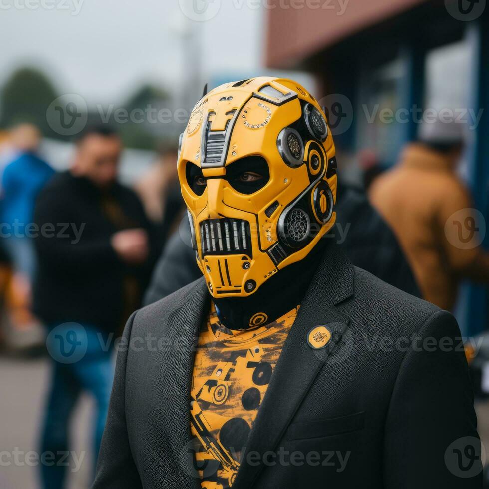 a man wearing a yellow and black suit and a yellow and black mask generative ai photo
