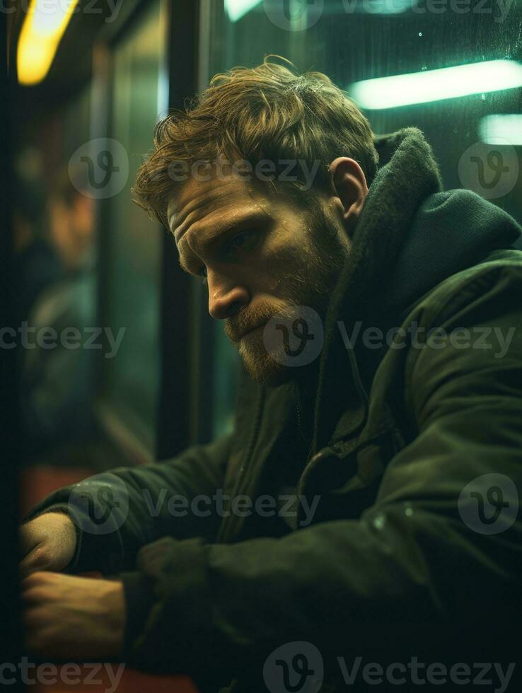 a man with a beard sitting on a train generative ai photo