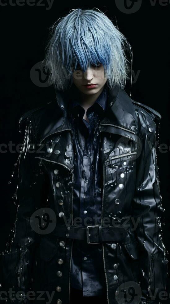 a man with blue hair and a leather jacket generative ai photo
