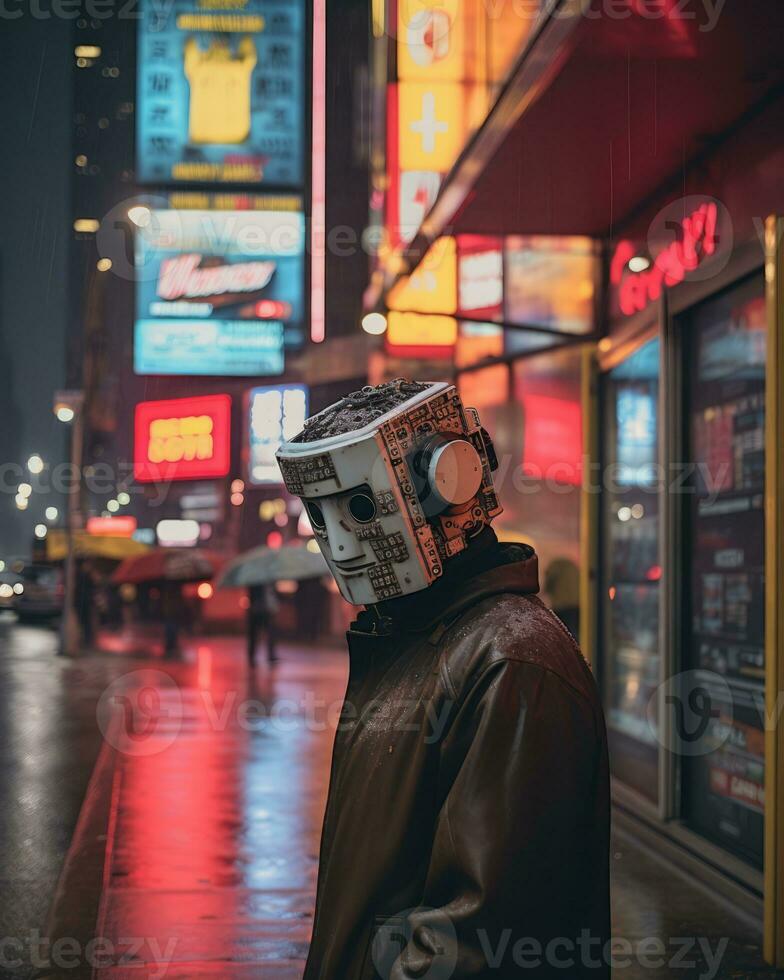 a man wearing a mask on a rainy night in new york city generative ai photo
