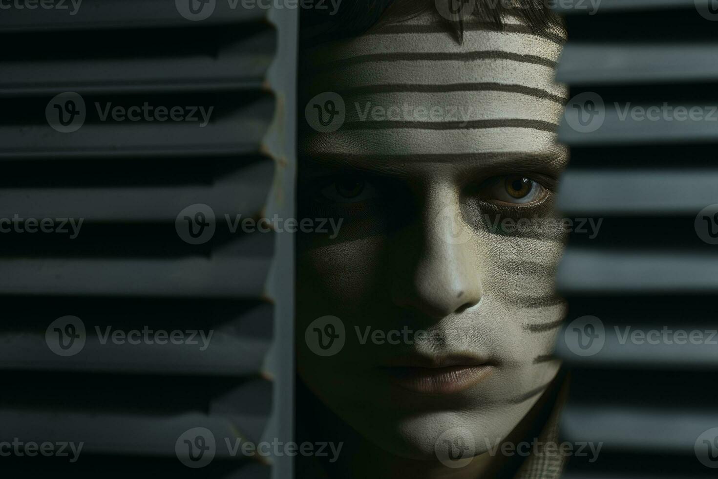 a man with painted face peeking out of a window generative ai photo