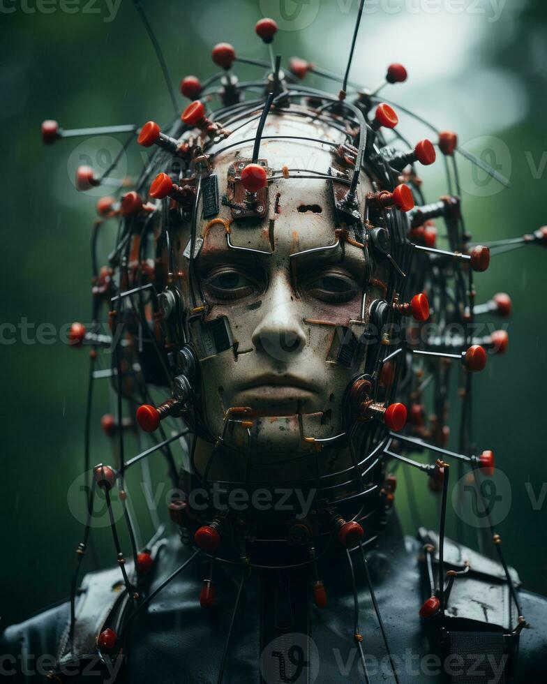 a man with a head full of pins in the woods generative ai photo