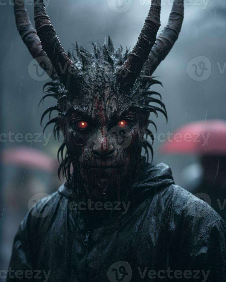 a man with horns and red eyes in the rain generative ai photo