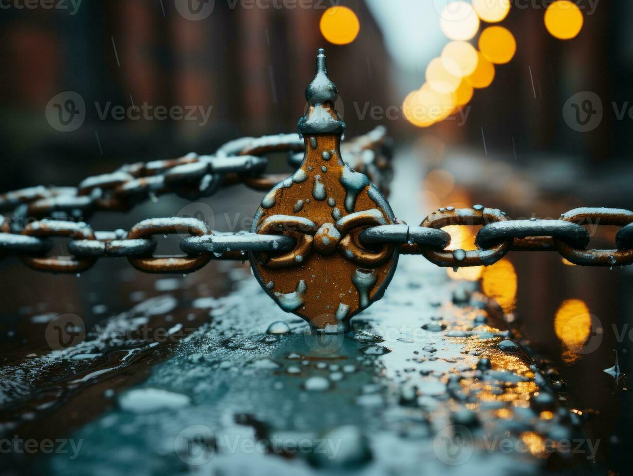a metal chain with a lock on it in the rain generative ai photo
