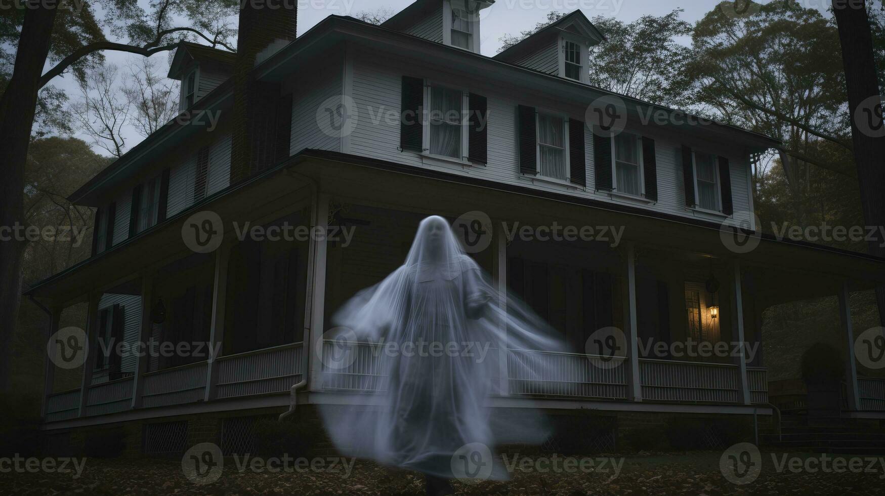 a person in a ghost costume standing in front of a house generative ai photo