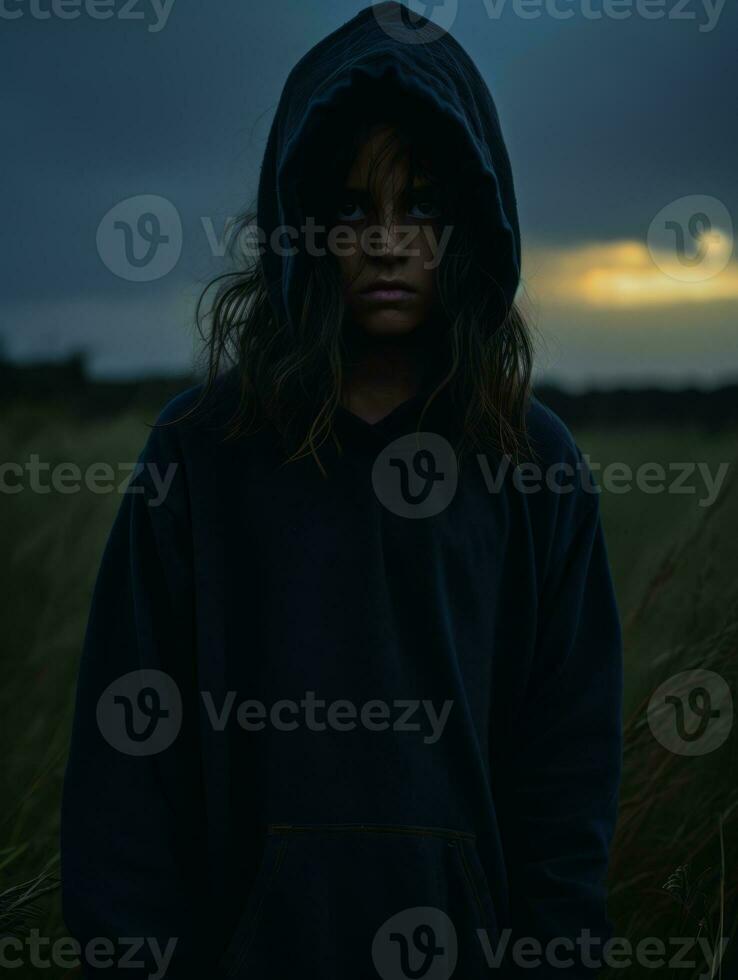 a person in a dark hoodie standing in a field generative ai photo