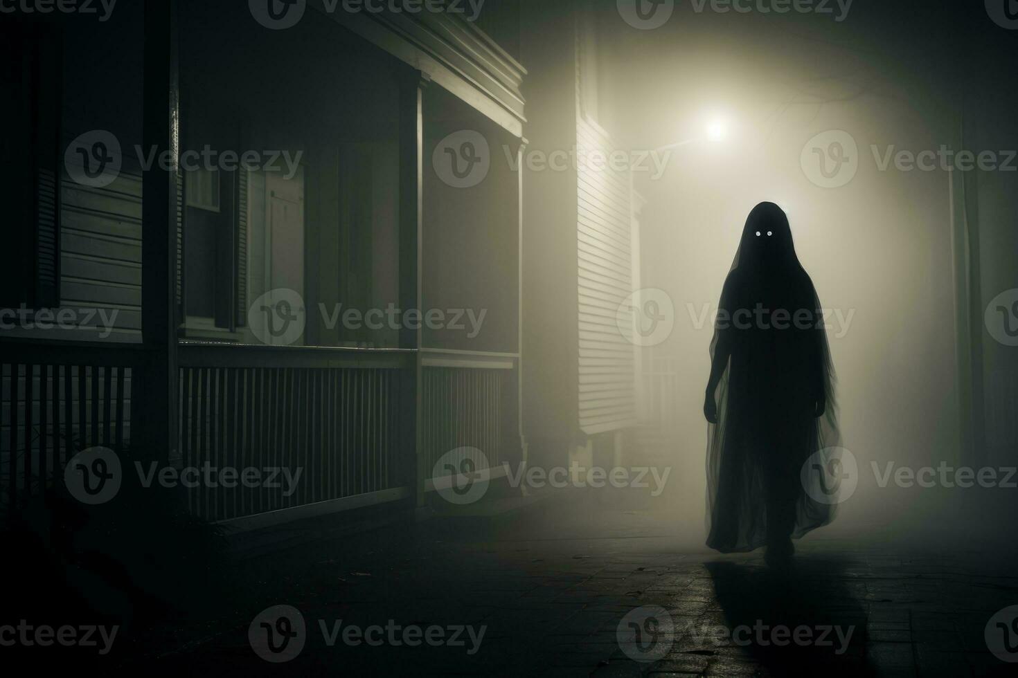 a person in a ghost costume is walking down a street at night generative ai photo