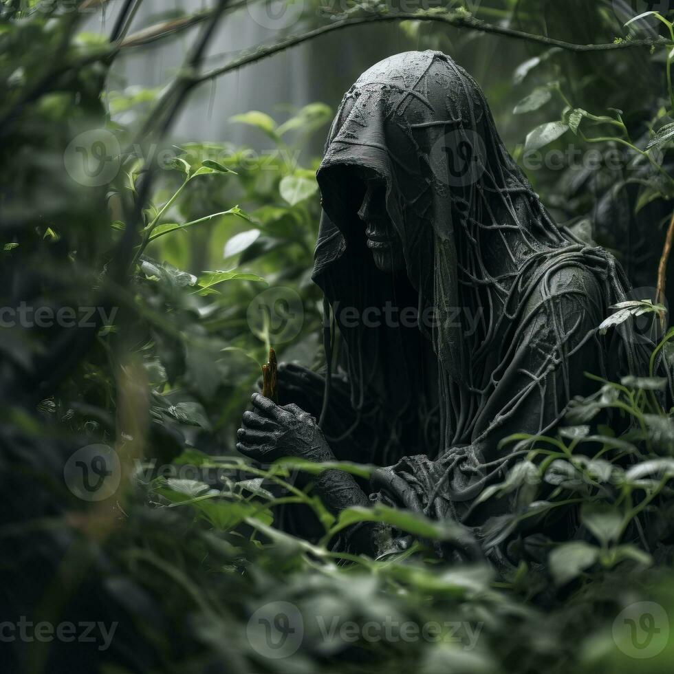 a person in a hood sitting in the middle of the forest generative ai photo