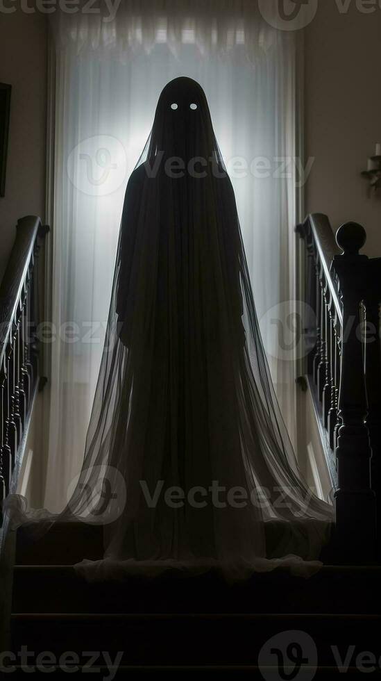 a person in a ghost costume standing on the stairs generative ai photo