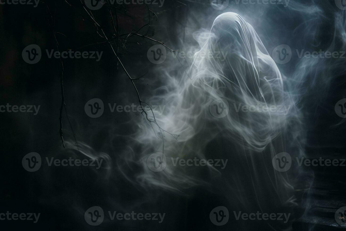 a person in a ghostly white robe is standing in the dark generative ai photo