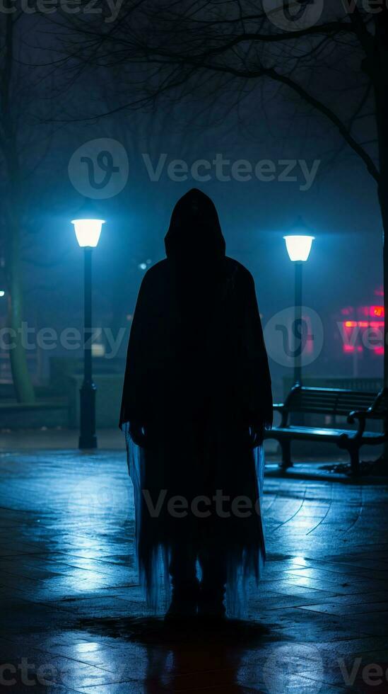 a person in a hooded cloak standing in a park at night generative ai photo