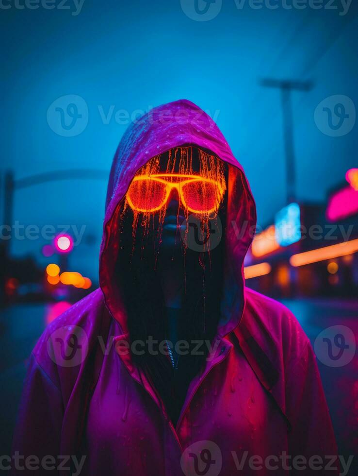 a person in a pink hoodie with neon glasses generative ai photo