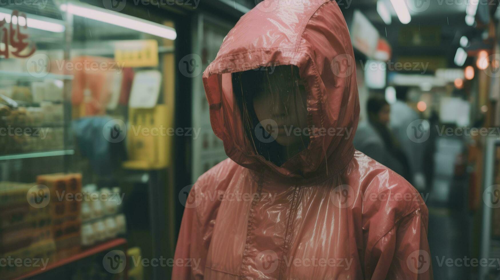 a person in a pink raincoat standing in front of a store generative ai photo