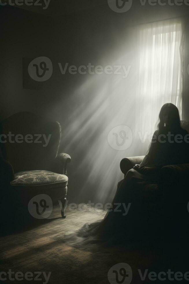 a person sitting in a chair in a dark room generative ai photo
