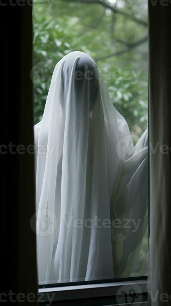 a person in a white sheet looking out a window generative ai photo