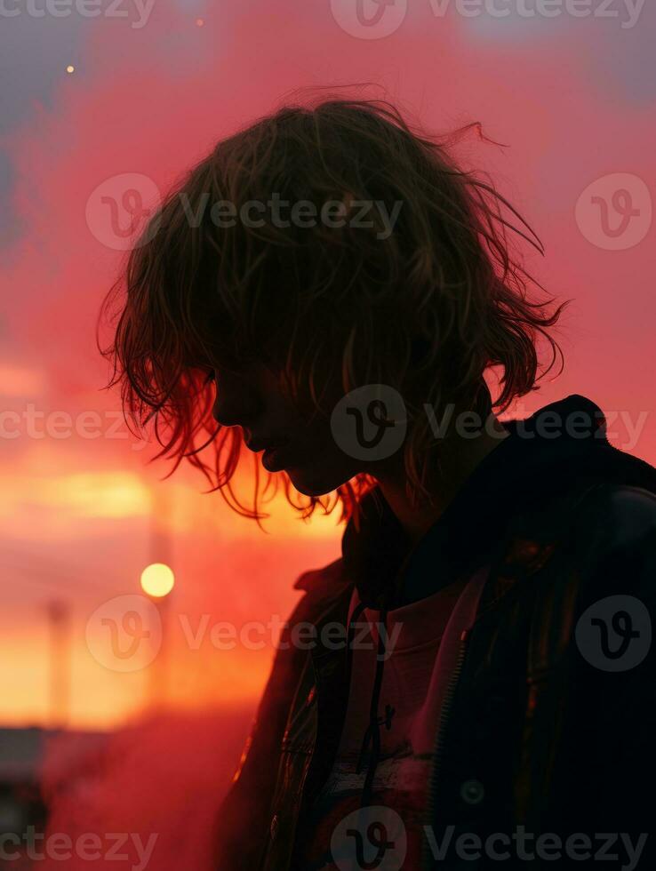 a person standing in front of a red smoke cloud generative ai photo