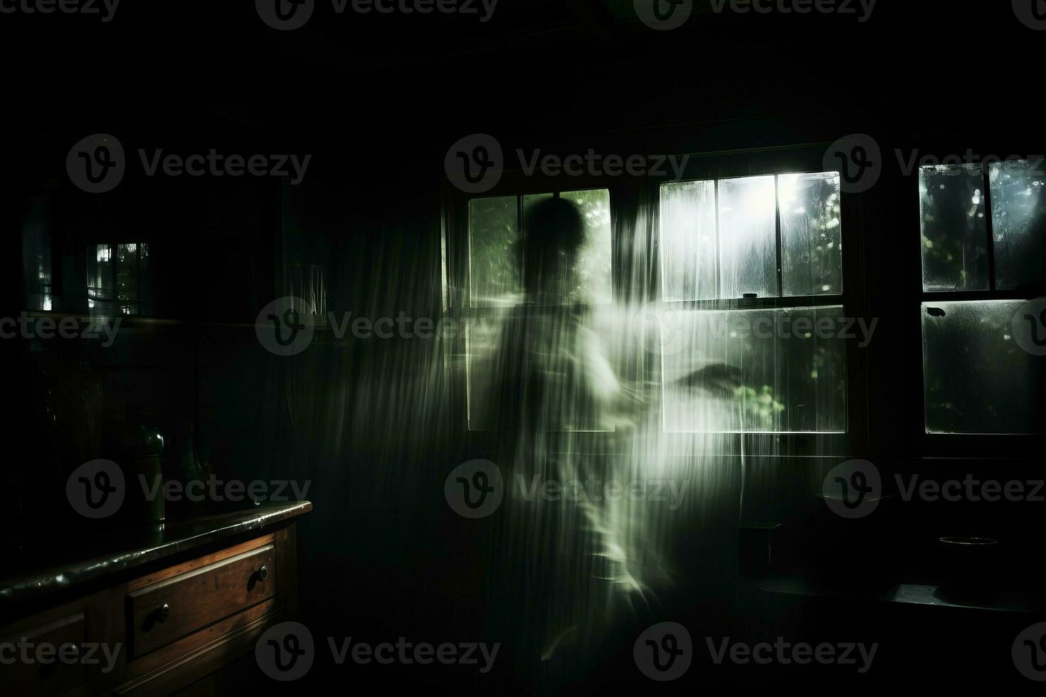 a person standing in front of a window in a dark room generative ai photo