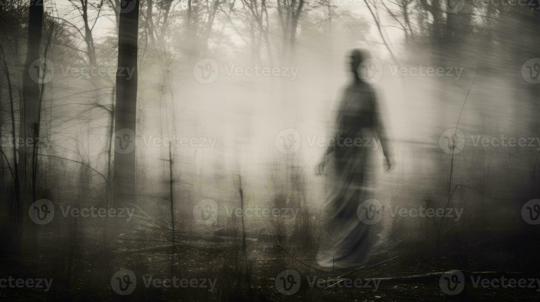a person standing in the middle of a foggy forest generative ai photo