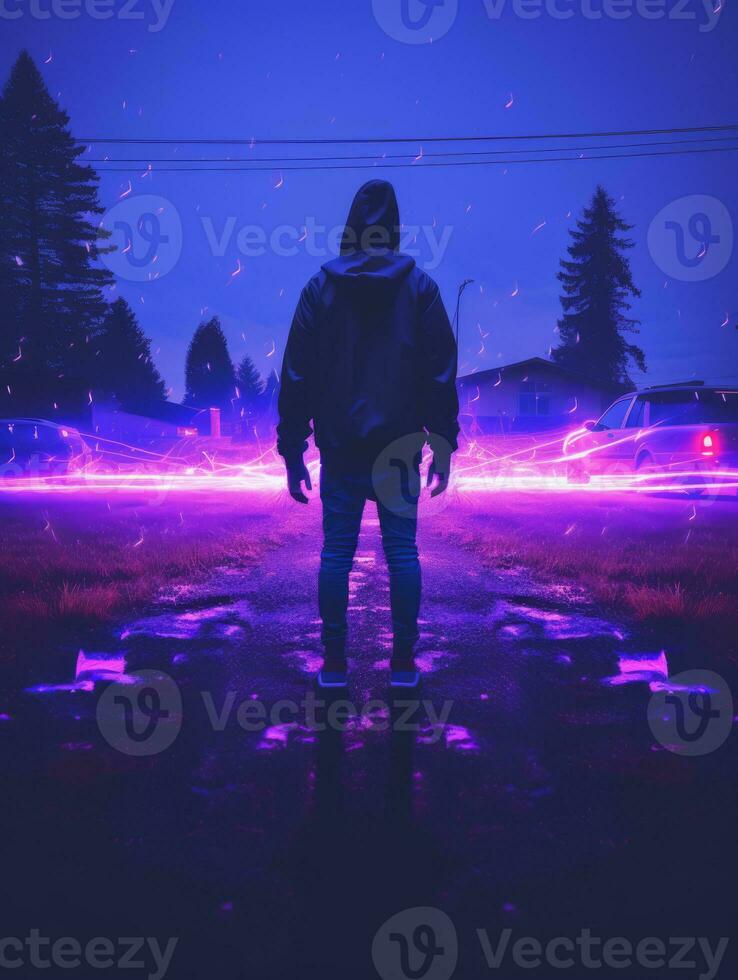 a person standing in the middle of a road with purple lights generative ai photo