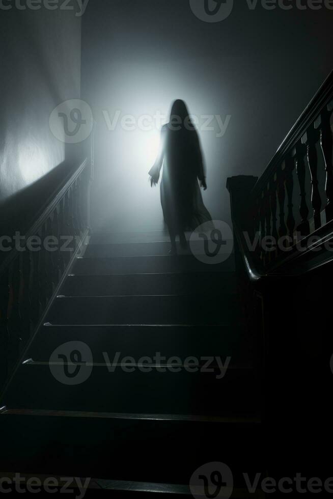 a person walking down the stairs in a dark room generative ai photo