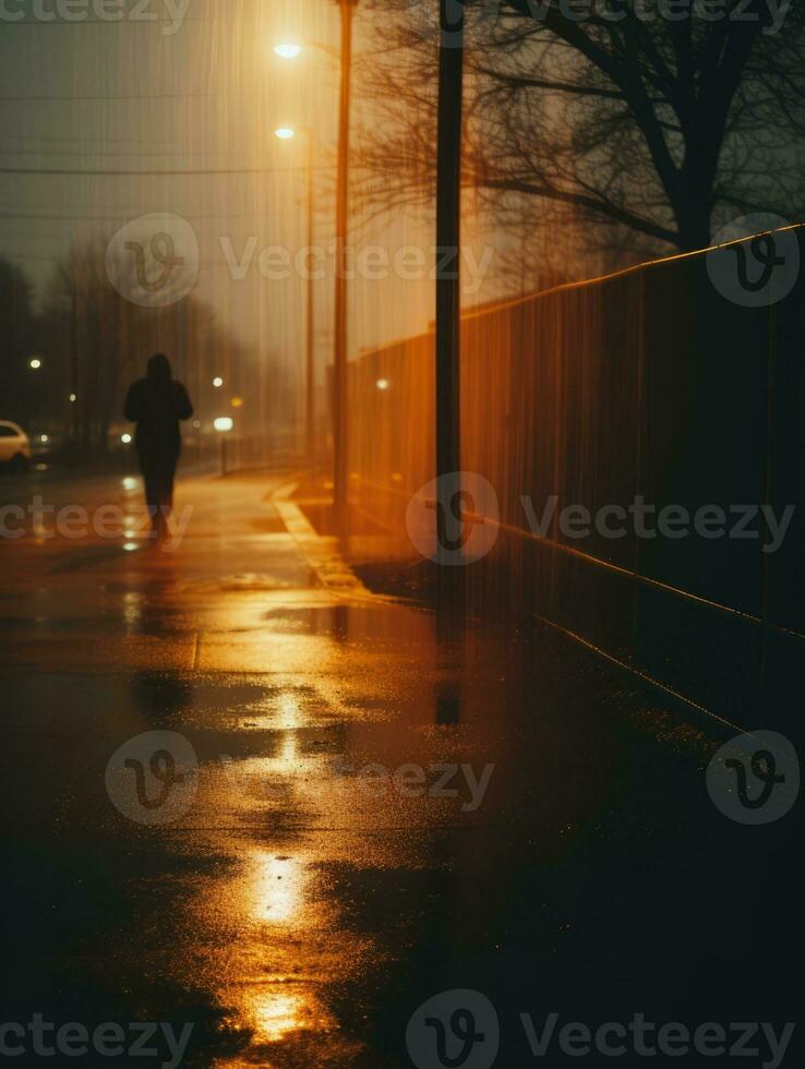 a person walking down a wet street at night generative ai photo
