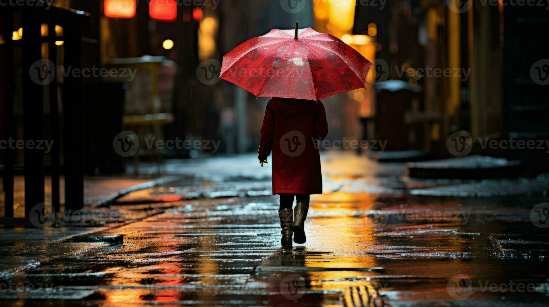 a person walking down a wet street with an umbrella generative ai photo