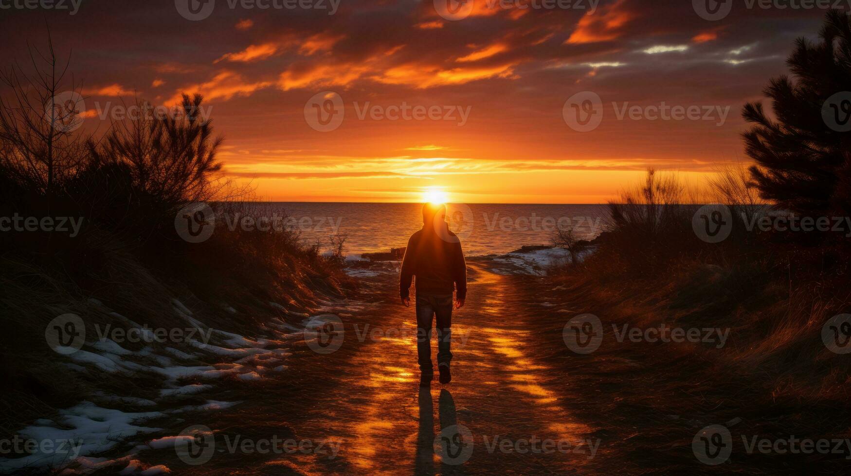 a person walking down a road at sunset with the sun in the background generative ai photo