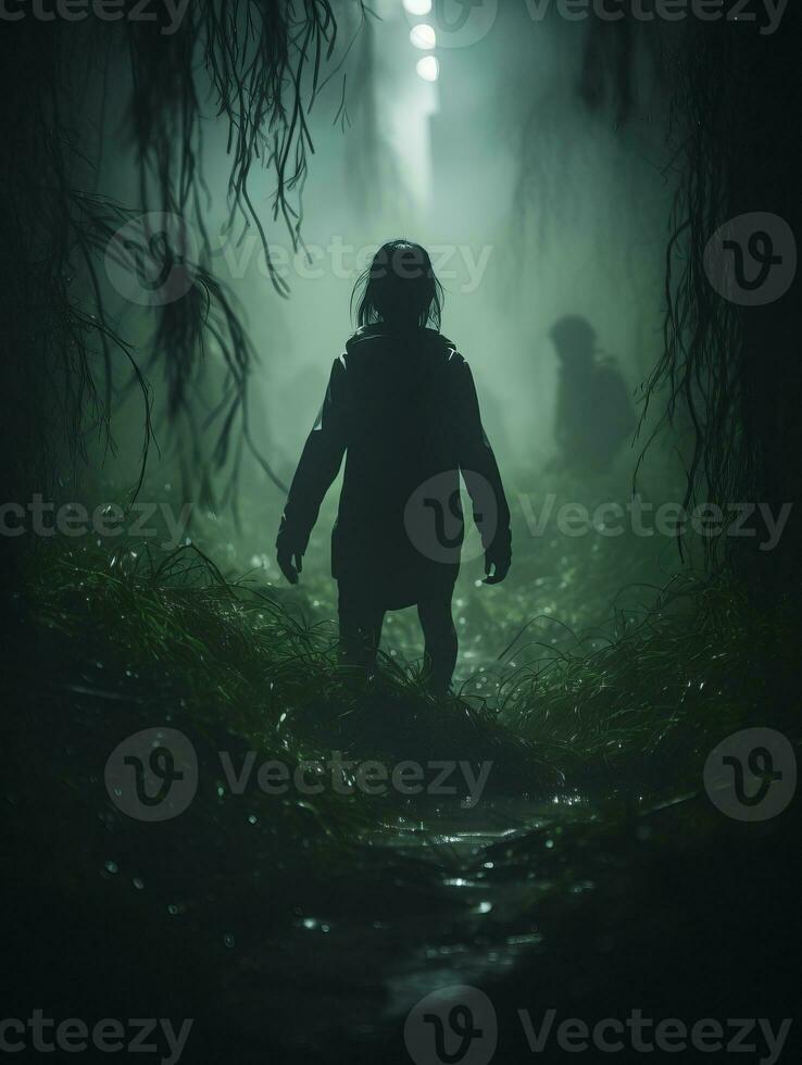 a person walking through a dark forest at night generative ai photo