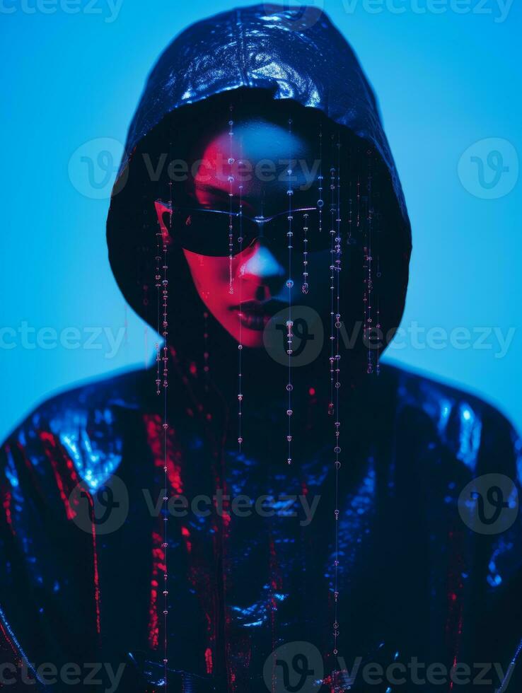 a person wearing a black hoodie and sunglasses in front of a blue background generative ai photo