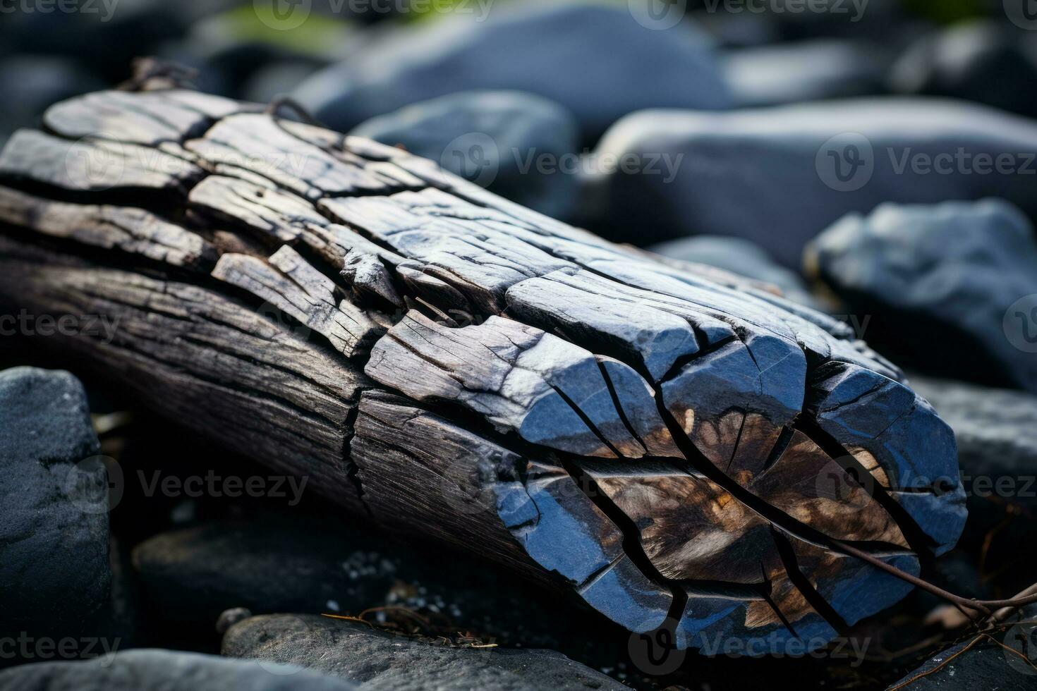 a piece of wood laying on top of some rocks generative ai photo