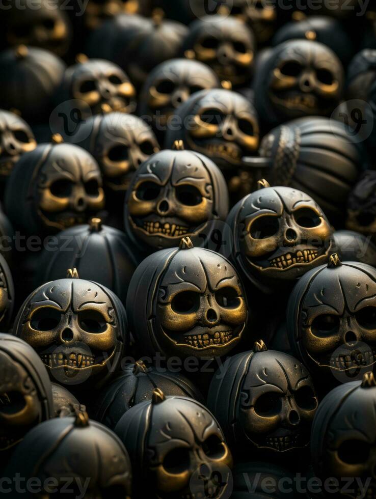 a pile of black and gold skull shaped ornaments generative ai photo