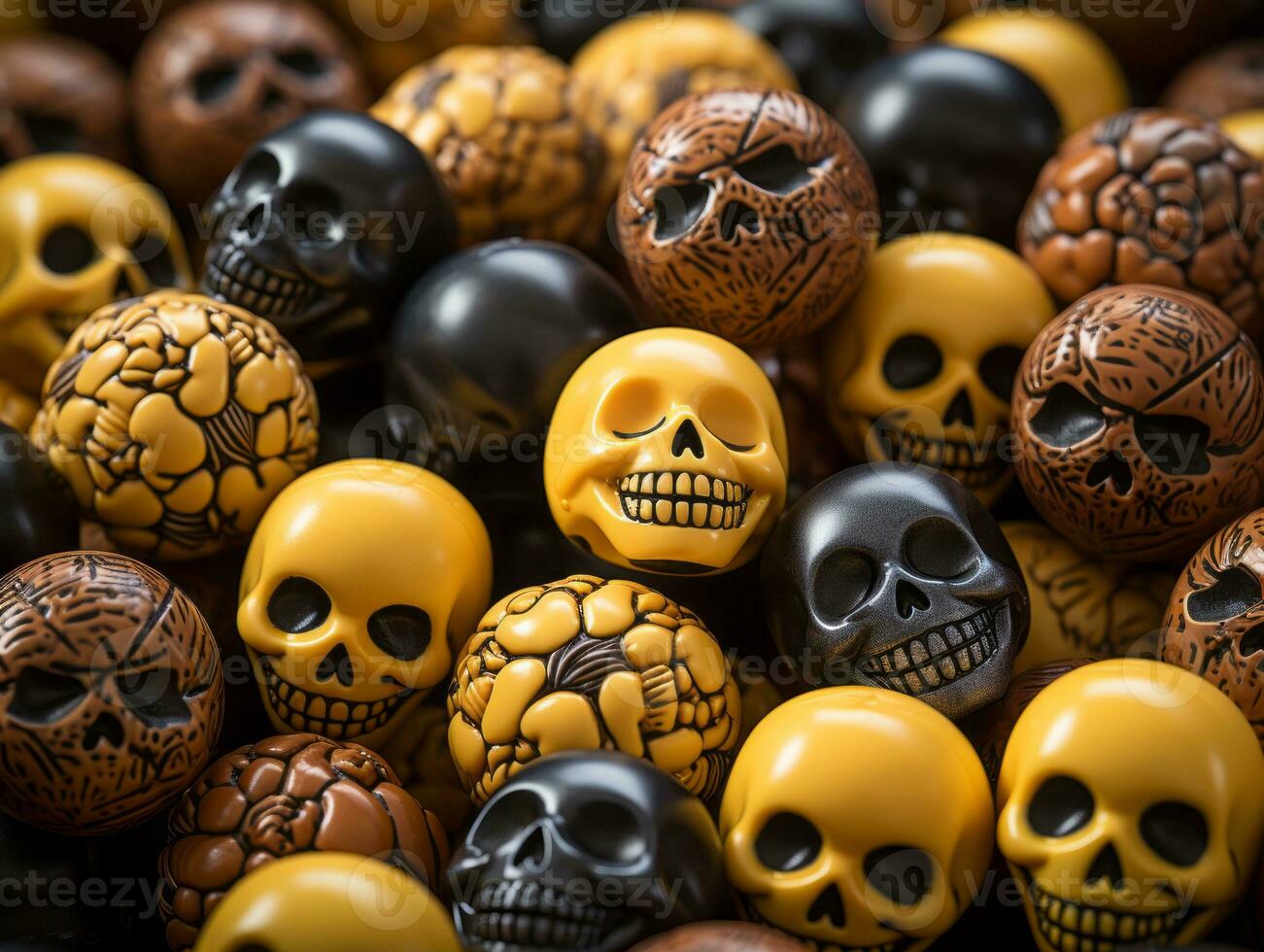 a pile of black yellow and brown skulls generative ai photo