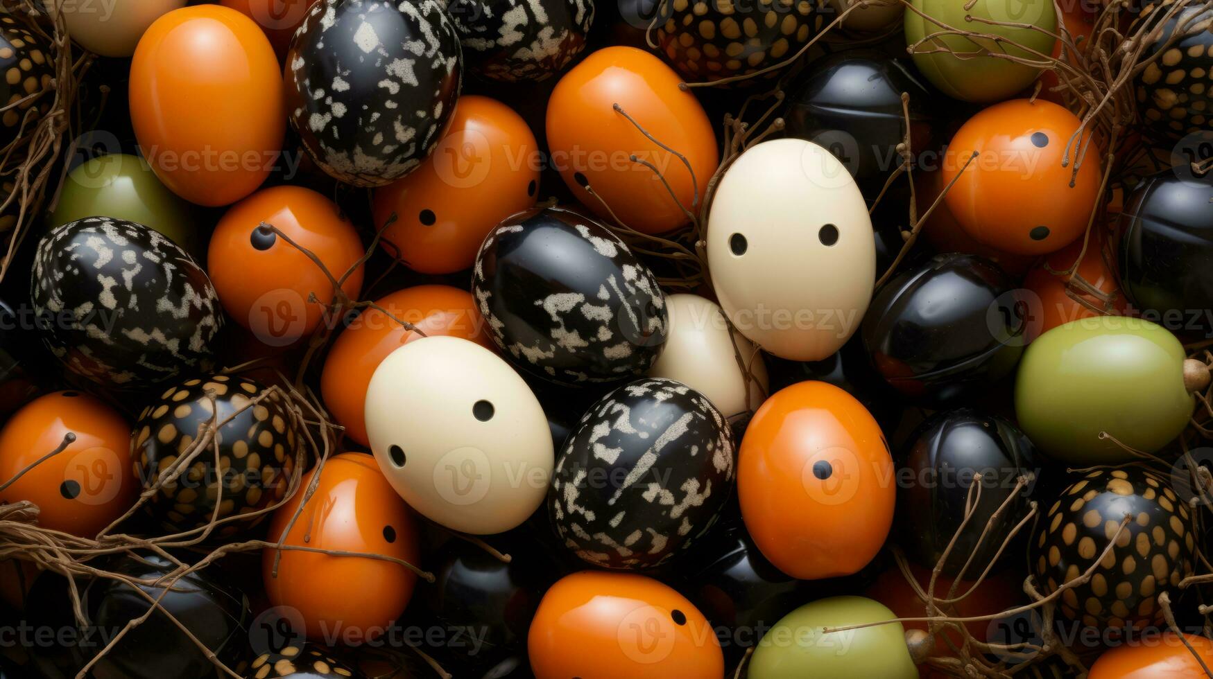 a pile of colorful eggs with black white and orange dots generative ai photo