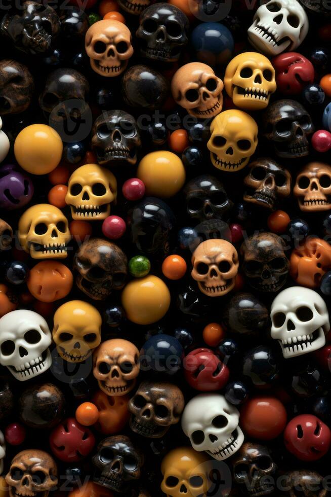 a pile of colorful halloween candies with skulls on them generative ai photo