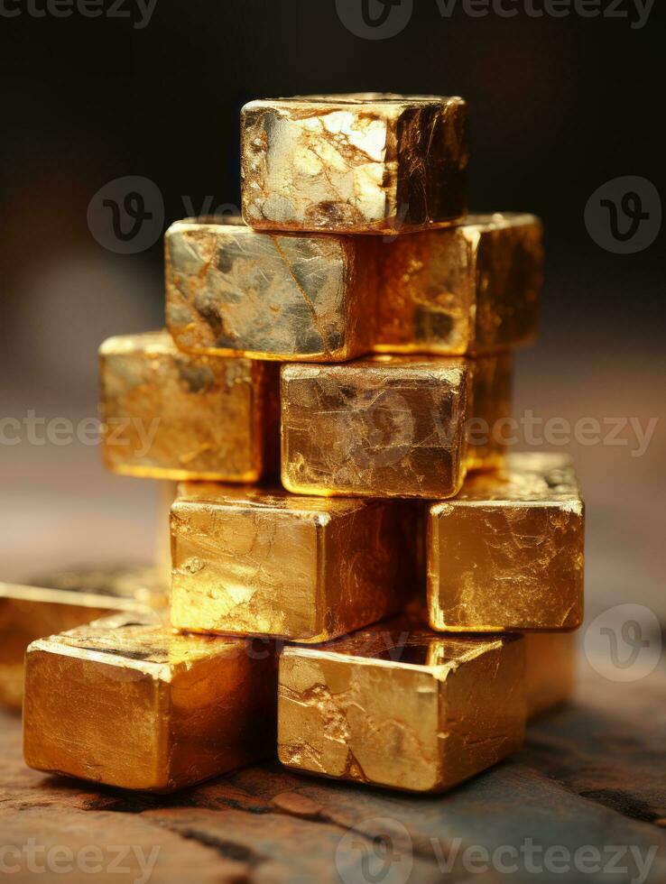 a pile of gold bars sitting on top of a wooden table generative ai photo
