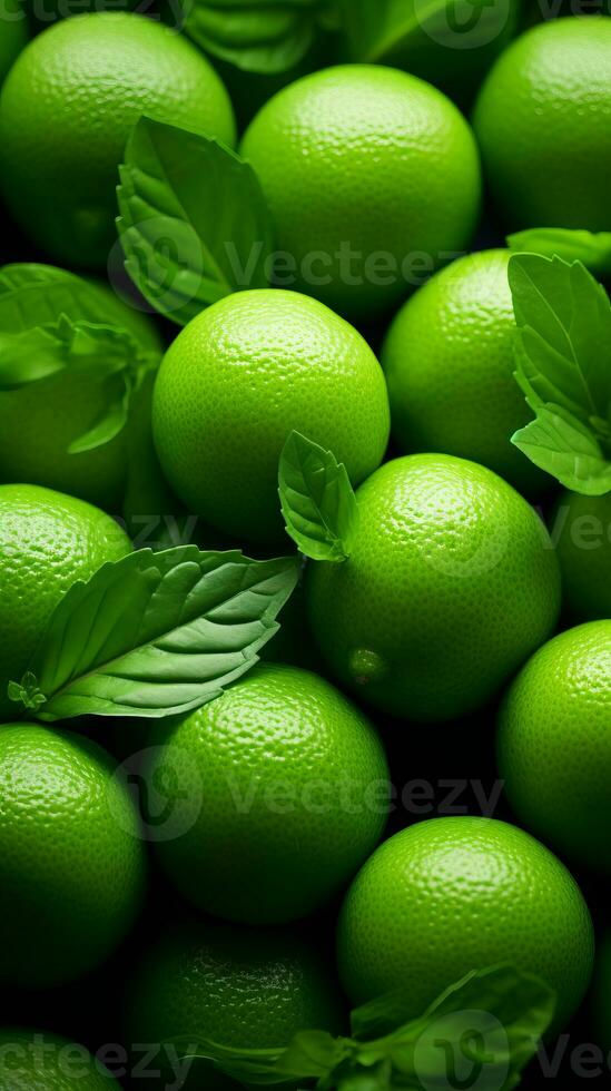 a pile of green limes with leaves generative ai photo