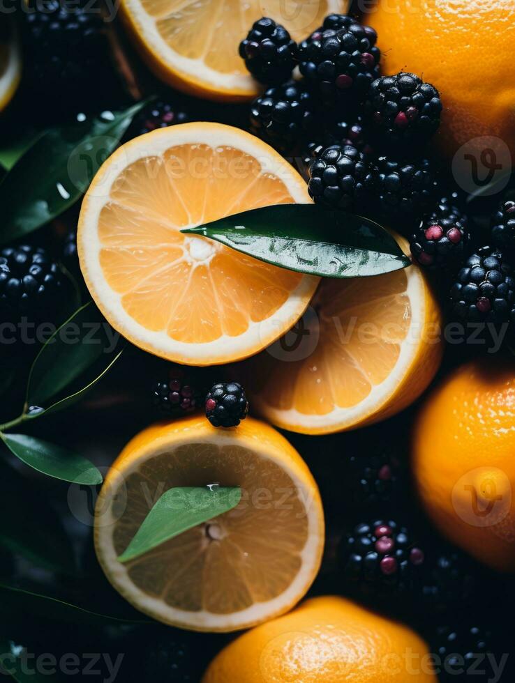 a pile of oranges blackberries and lemons generative ai photo