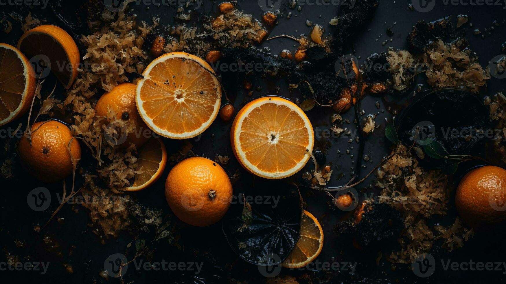 a pile of oranges on a black surface generative ai photo