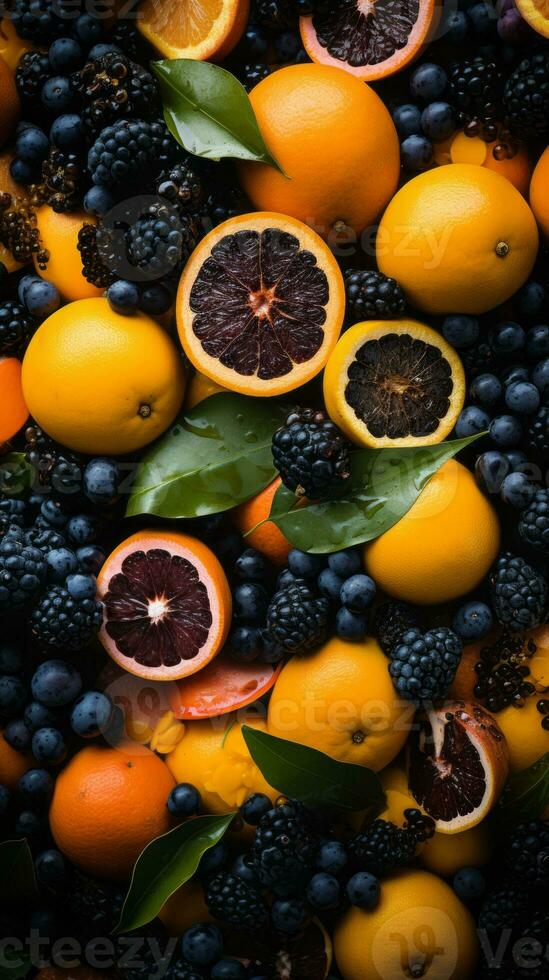 a pile of oranges blueberries and blackberries generative ai photo