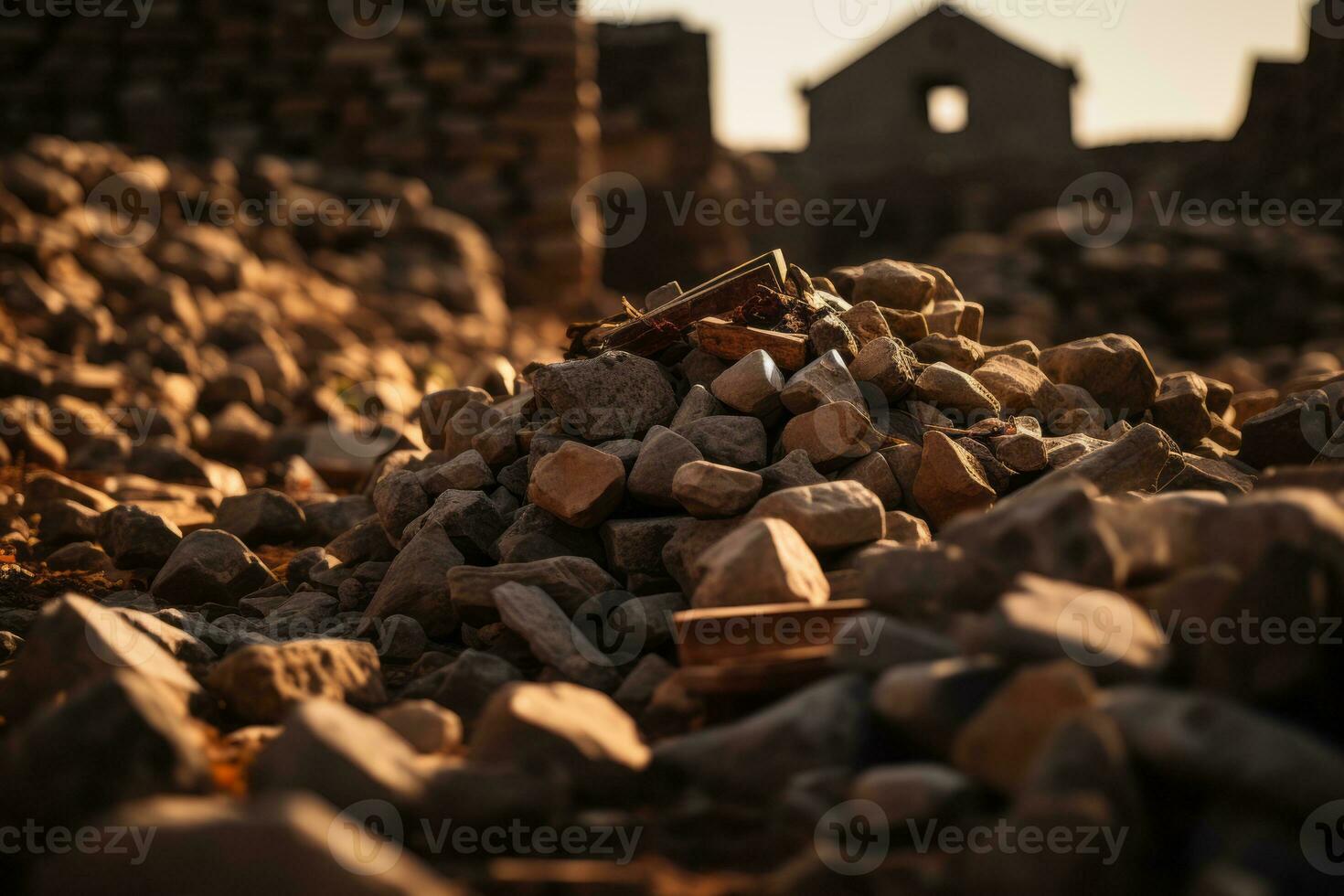 a pile of rocks and rubble in front of a building generative ai photo