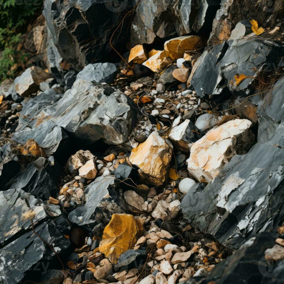 a pile of rocks on the side of the road generative ai photo