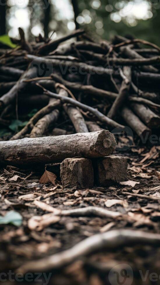 a pile of sticks on the ground in the woods generative ai photo