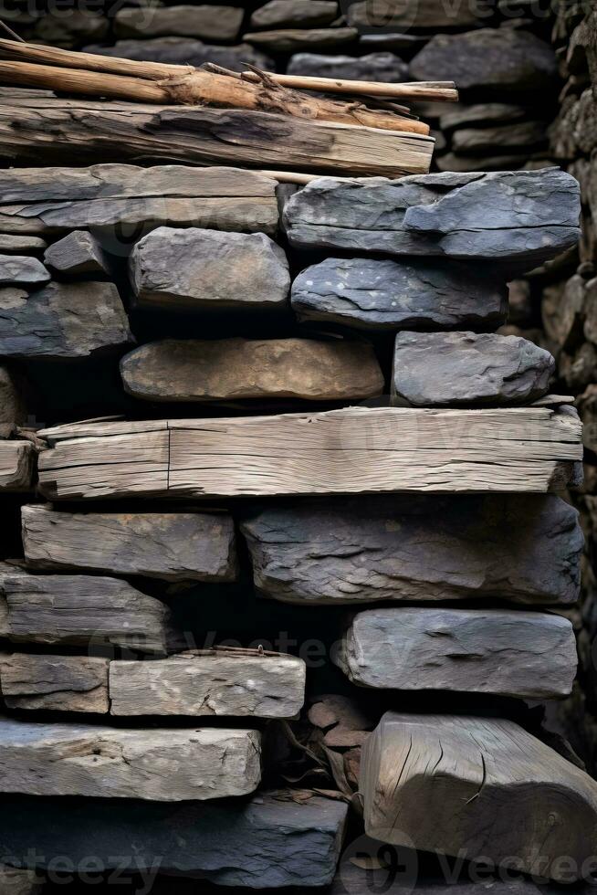 a pile of stones and wood in front of a stone wall generative ai photo