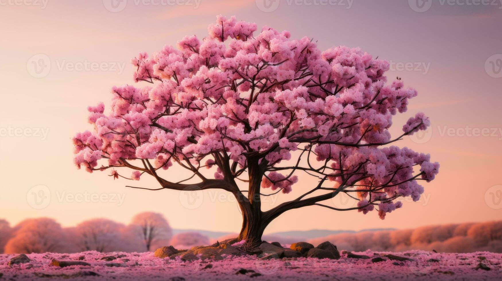 a pink tree in the middle of a field generative ai photo