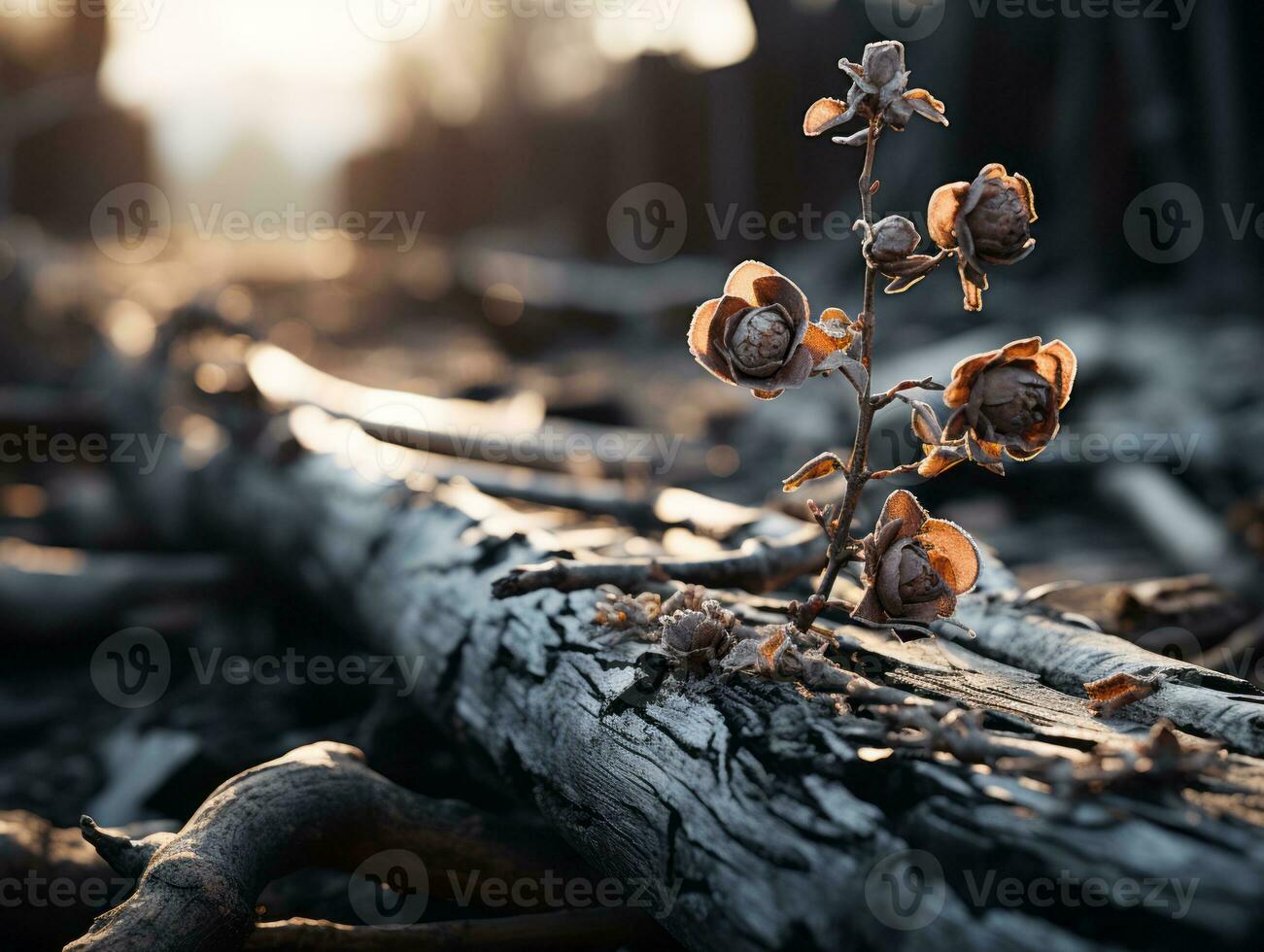 a plant growing out of a dead tree branch generative ai photo