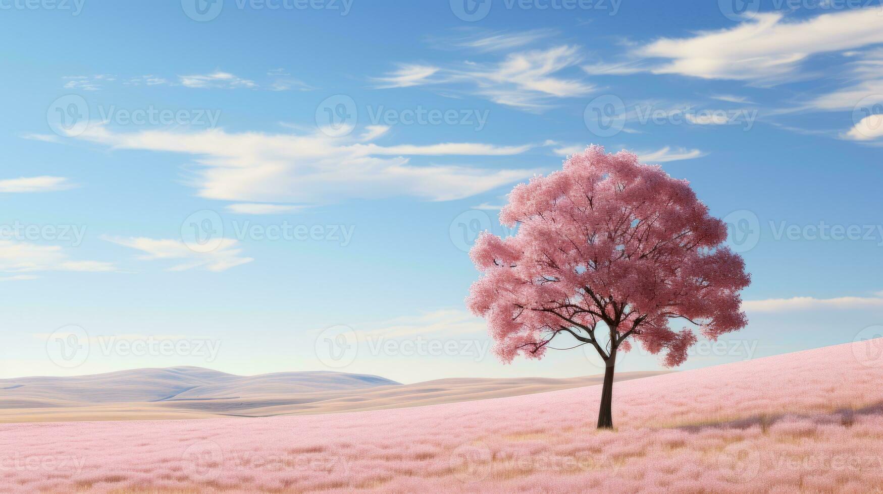 a pink tree stands alone in the middle of a field generative ai photo