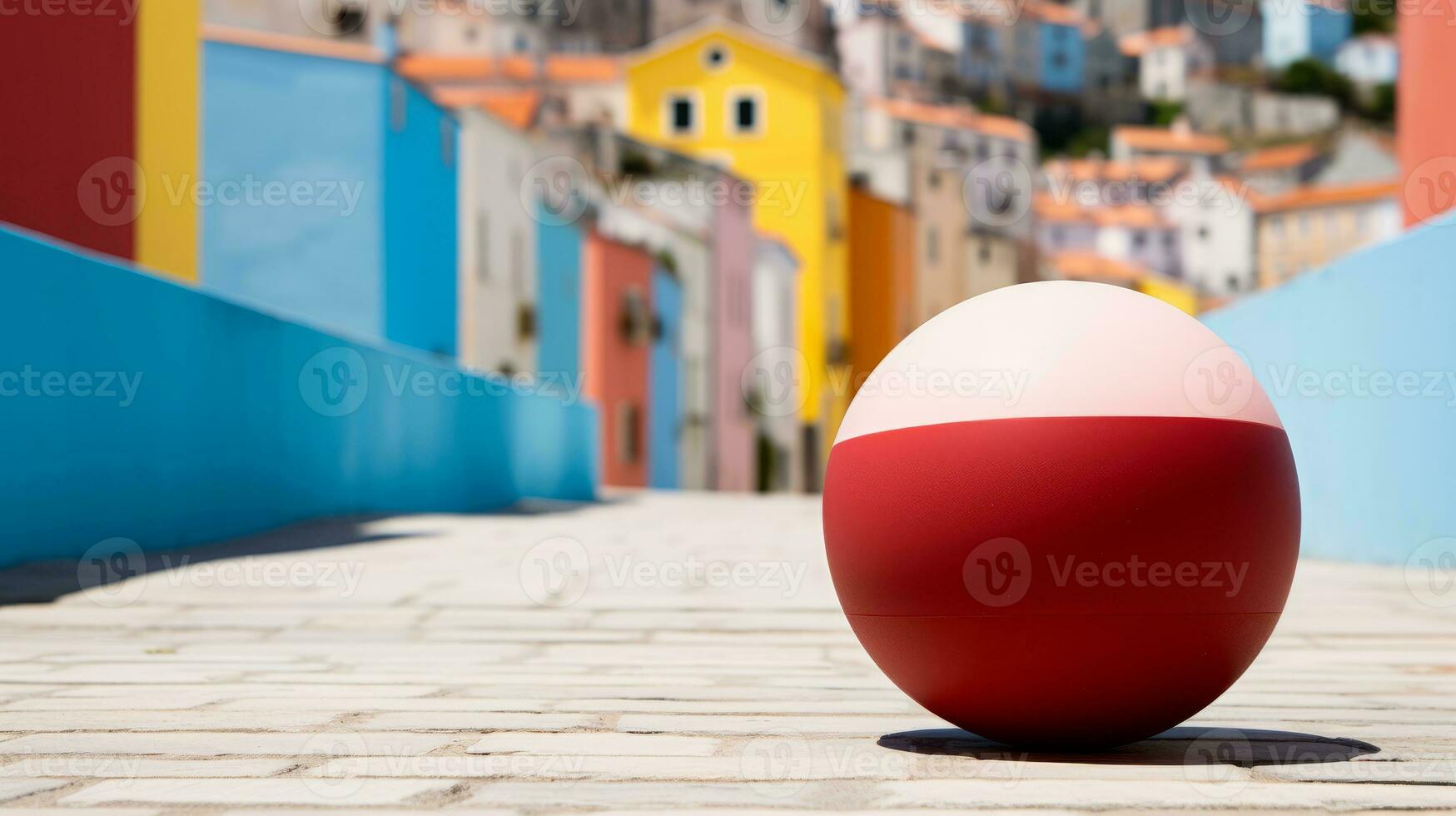 a red and white egg sitting on the ground in front of colorful buildings generative ai photo