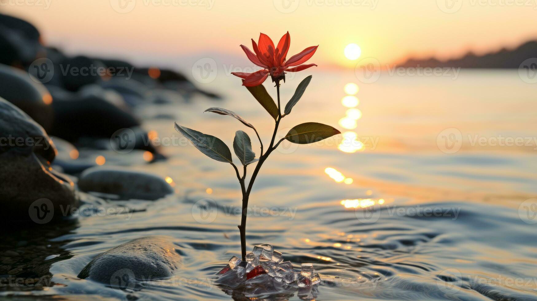 a red flower sits in the water at sunset generative ai photo