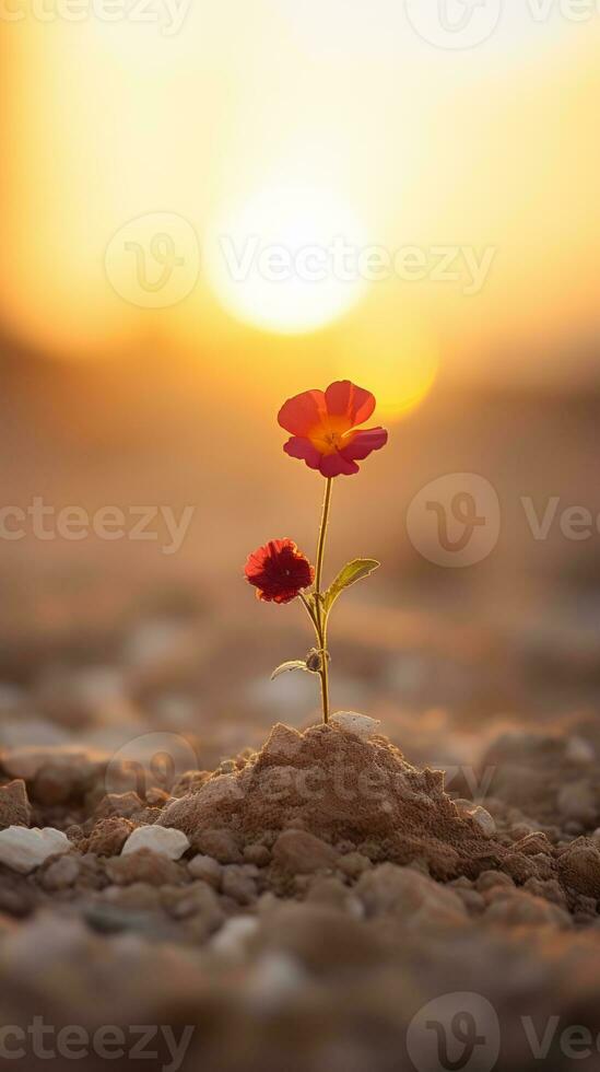 a red flower is growing out of the ground in front of the sun generative ai photo