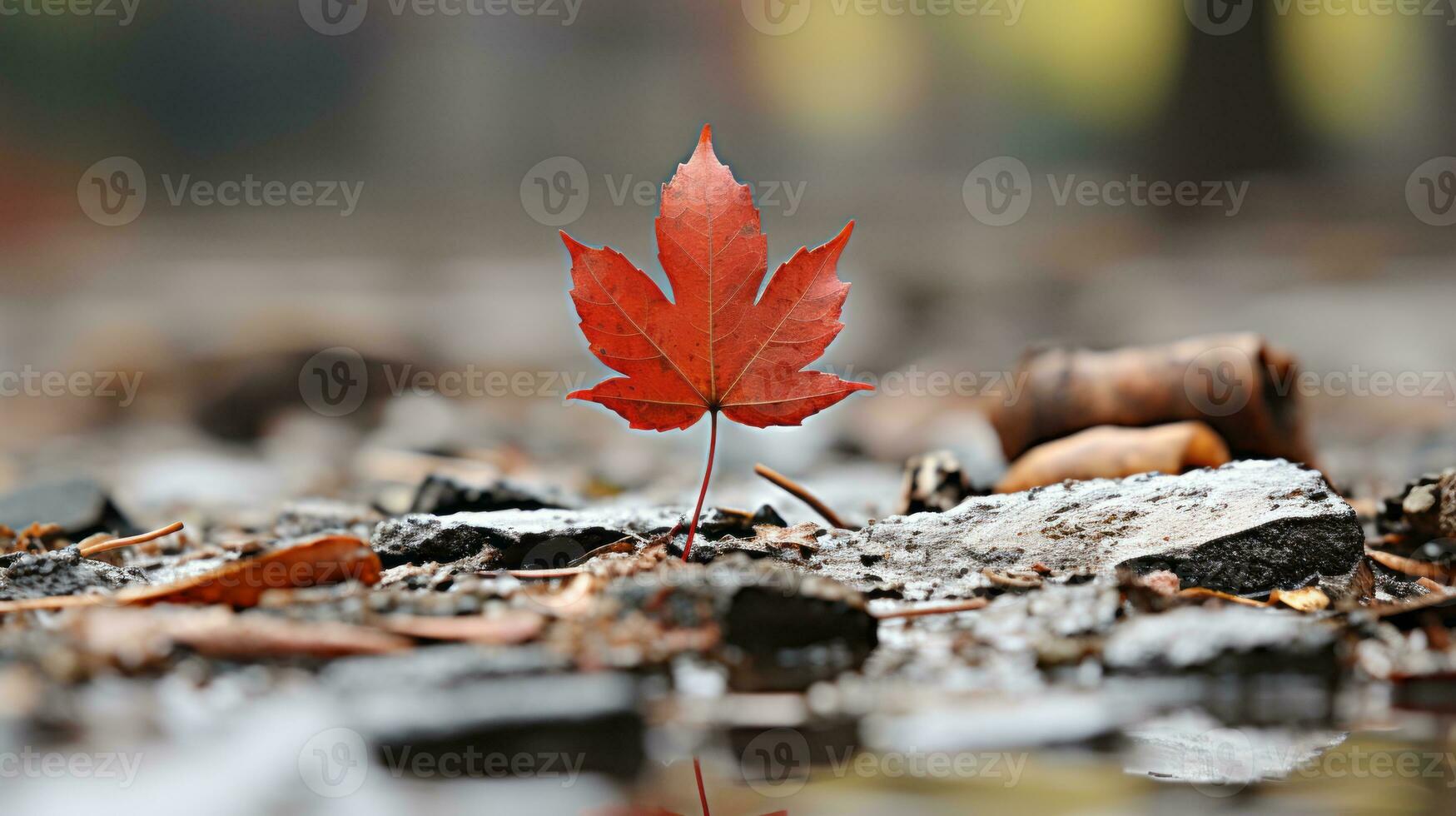 a red maple leaf sits on the ground in a puddle of water generative ai photo